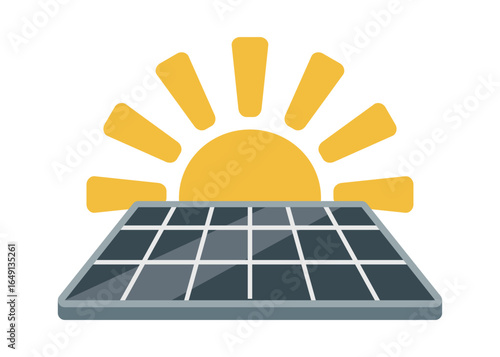 Illustration of a solar panel with the sun shining behind it, representing renewable energy and sustainability.