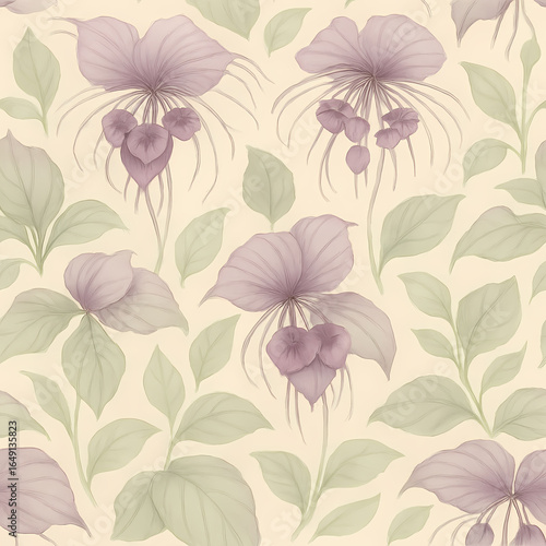 Wallpaper Mural A seamless botanical pattern featuring stylized mauve flowers with delicate tendrils and soft green leaves on a cream background. Torontodigital.ca
