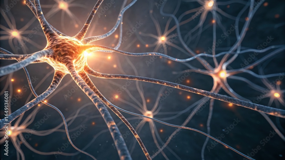 © Johnnii - A close-up view of a neuron network, showcasing the intricate connections and glowing synapses, symbolizing communication within the nervous system. © Johnnii - A close-up view of a neuron network, showcasing the intricate connections and glowing synapses, symbolizing communication within the nervous system.