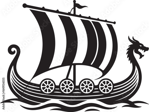 Bold Viking longship sails on waves with dragon prow