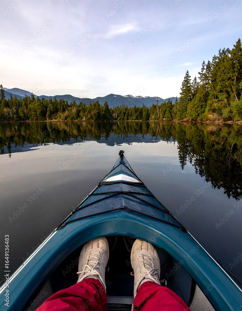 Fototapeta premium Kayaking on a tranquil lake, view from inside the kayak