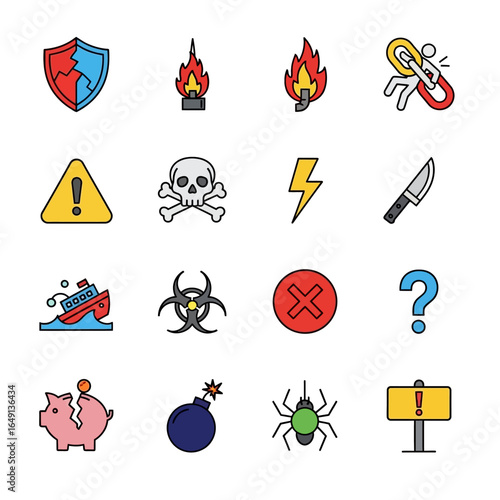 Hazard icons depict various dangers on white background