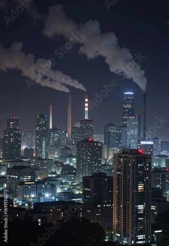 Wallpaper Mural A nighttime cityscape with tall buildings and chimneys emitting smoke, illustrating urban pollution and industrial activity Torontodigital.ca