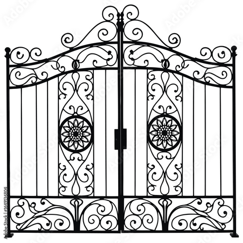 Ornate black wrought iron double gate with floral motifs