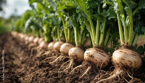 a close-up view of freshly harvested turnips with their green tops still attached, lined up in rows on rich, dark soil in a field.