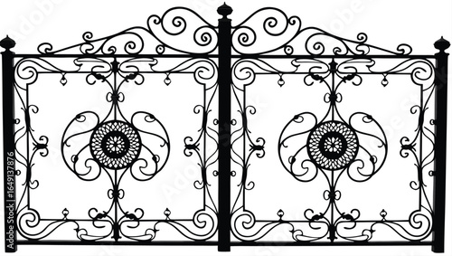 Ornate black wrought iron double gate with scrollwork