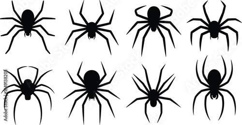 Set of spider silhouettes, black spider vector collection, insect illustration for Halloween, spooky decoration, horror design elements, and creepy creature artwork