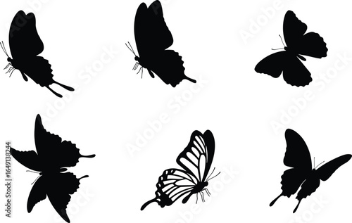 Set of butterfly silhouettes, flying insect vector collection, black isolated butterflies for nature, spring, tattoo, decorative design, and wildlife themed illustrations