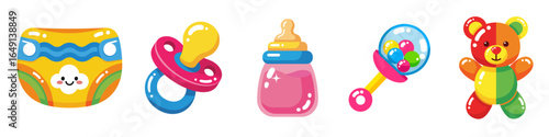 (Set14)The Baby Essentials set contains 5 adorable icons: Pacifier, Baby Bottle, Rattle, Diaper, and Teddy Bear. These jelly candy style illustrations are perfect for baby showers, newborn designs