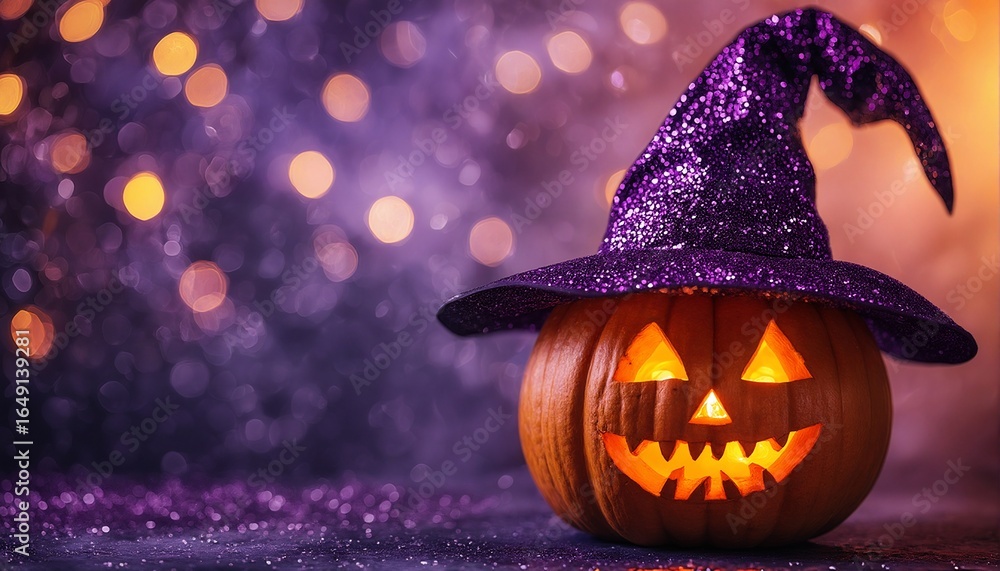 Naklejka premium a glowing jack-o'-lantern wearing a sparkling purple witch hat sits against a blurred bokeh background of orange and violet lights.
