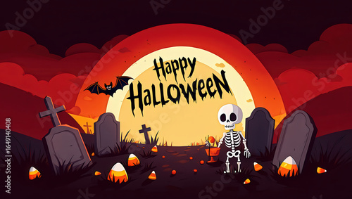 A Whimsical Halloween Night Skeleton, Candy Corn, and Spooky Graveyard Fun Under a Festive Moonlit Sky