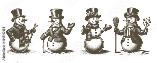 Winter Snowman Vintage Sketch Set Engraving Engraver Retro Vector Print For Christmas Greeting Card Poster Invitation 