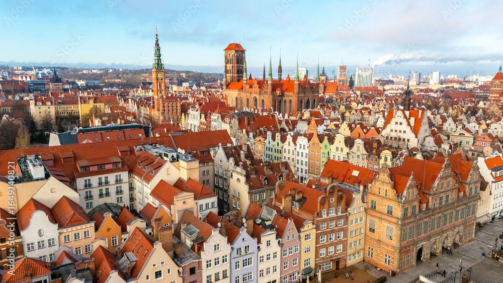 Obraz premium aerial view of gdansk historical center on a sunny day in winter