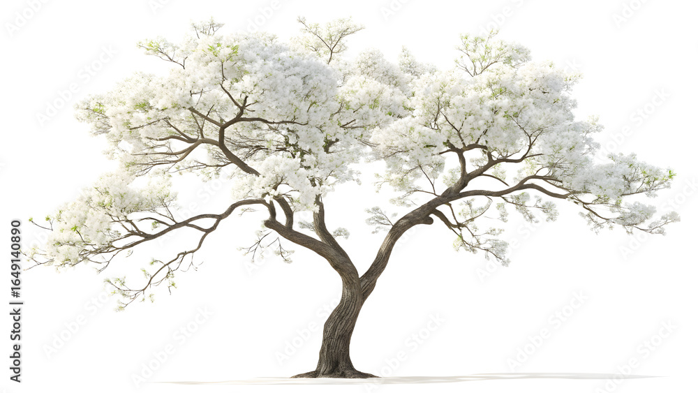 Obraz premium White flowers of tree isolated on transparent background PNG, perfect for digital design, branding, wallpapers, posters, and print materials 