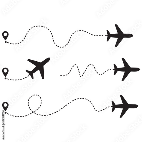 Line path vector icons of an airplane flight routes with start point and dash line trace vector