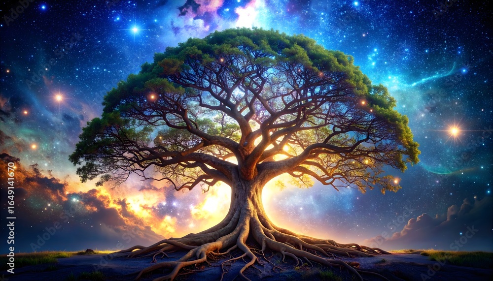 Obraz premium Enchanting Cosmic Tree A Majestic Symbol of Life, Growth, and the Universe Amidst Sparkling Firefly Glow