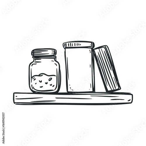 Kitchen shelf with jars and a cookbook for culinary inspiration