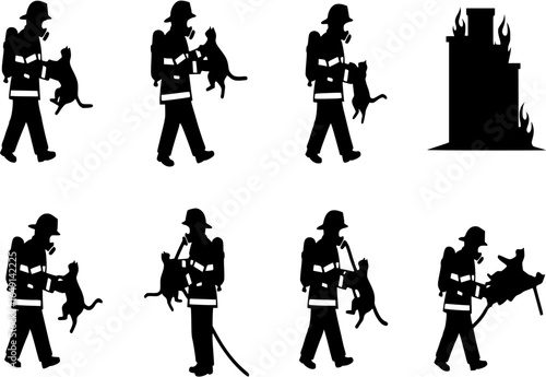 Black silhouette of a firefighter rescuing cat on a white background logotype
