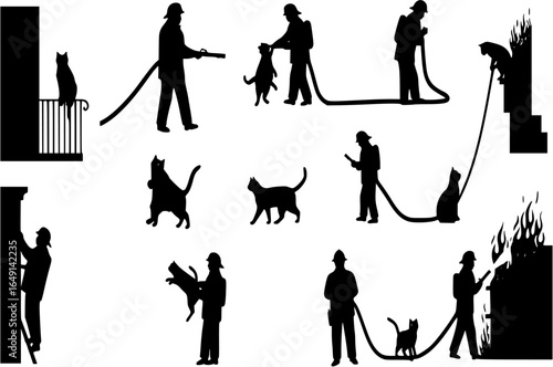 Black silhouette of a firefighter rescuing cat on a white background logotype
