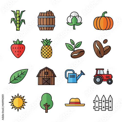 Farm icons represent agriculture scenes depicting rural elements