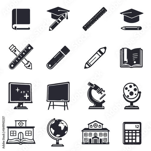 Set of 12 minimalist solid black vector icons with education and learning theme including book, graduation cap, pencil, ruler, eraser, blackboard, microscope, globe, school building, paint palette, op
