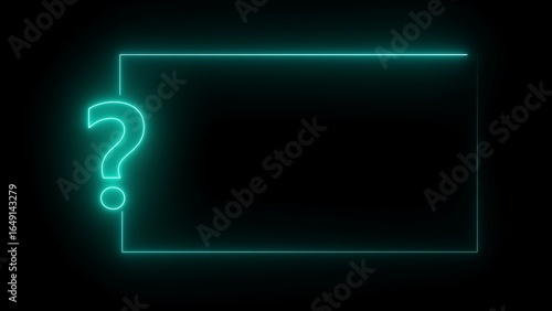 Cyan Neon Question Mark and Rectangle Frame on Black Background teal turquoise