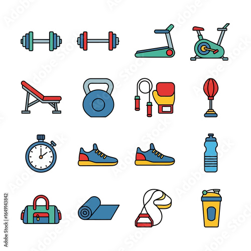Exercise equipment icons present fitness accessories indoors
