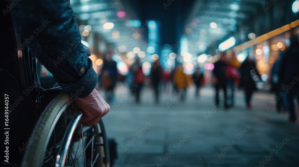 Fototapeta premium Nighttime city street scene with blurred motion of pedestrians and vehicles, illuminated by colorful streetlights and neon signs, creating a vibrant urban atmosphere