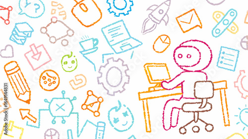 Illustration shows a person working at a desk surrounded by various tech and office related icons