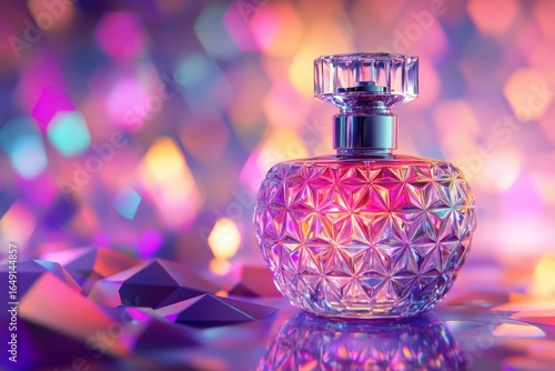 Ornate perfume bottle against a vibrant background.