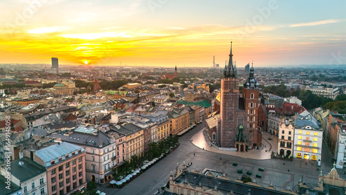 central market square of krakow in poland at dawn in summer view from above