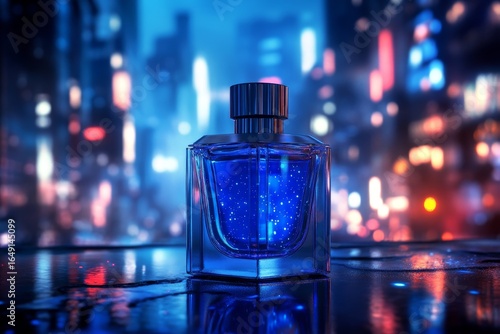 Blue perfume bottle against a backdrop of a vibrant city at night.