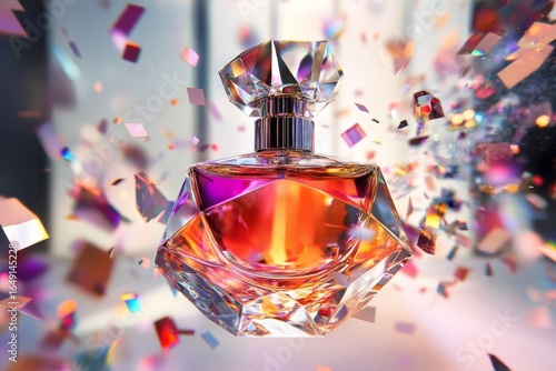 Colorful perfume bottle with shimmering confetti.