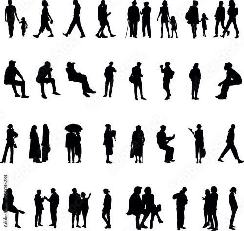 Set pf 32 peole silhouettes - walking, sitting, and posing. People in various poses, including sitting, walking, running and working.