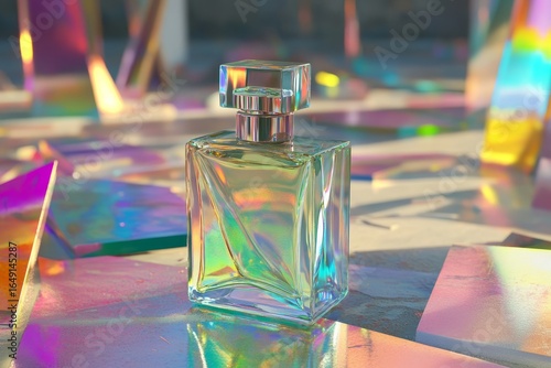 Holographic perfume bottle on a surface with iridescent shapes.