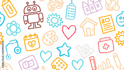 A whimsical pattern of crayon style drawings featuring a robot heart sun house and other colorful icons