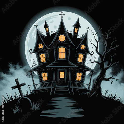 Illustration of a spooky haunted house with glowing windows under a full moon and graveyard scene on transparent background