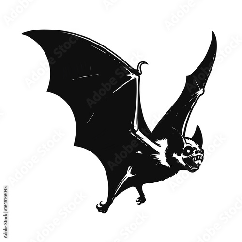 Detailed monochrome illustration of a bat with spread wings and visible teeth flying down on transparent background