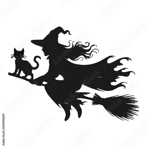Silhouette of a witch and a black cat flying on a broomstick against a white background image art on transparent background