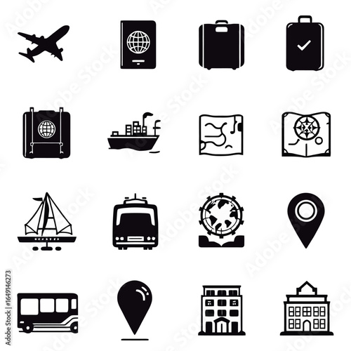 Set of 12 minimalist solid black vector icons with travel and tourism theme including airplane, suitcase, passport, map, compass, ship, train, bus, tent, hotel, location pin, and ticket, clean flat de