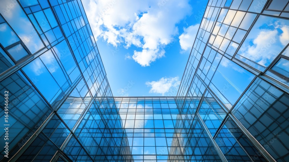 Obraz premium Economics, banking, business and finance concept.A fragment of a modern office building in the capital .glass buildings with cloudy blue sky background .modern office building