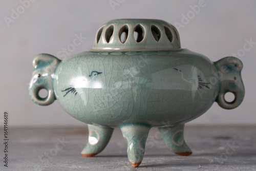 Kouro Tea Incense Burner Chadougu Yakimono Korean Celadon Incense Burner with Crane Motif - Koyan Kiln