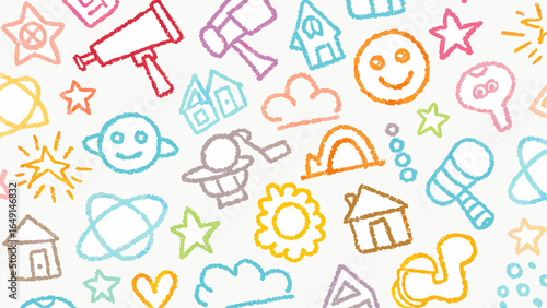 Colorful crayon style drawing featuring stars houses telescopes planets and other whimsical shapes scattered
