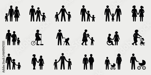 Collection of family and people silhouettes isolated on white background