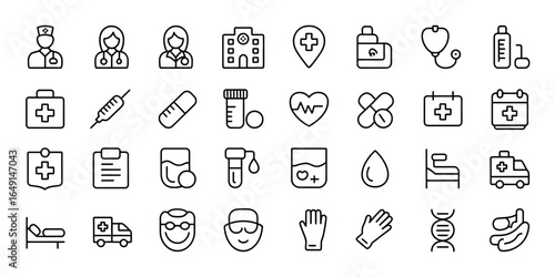 Collection of medical and healthcare icons silhouette isolated on white background