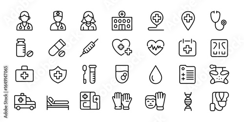 Collection of medical and healthcare icons silhouette isolated on white background