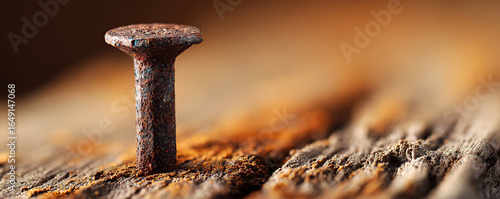 Rusty nail embedded in weathered wood on a sunny afternoon, showcasing texture and decay in nature's art