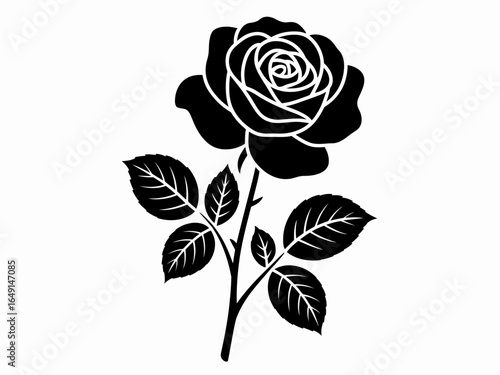 Elegant black rose silhouette with detailed petals and leaves isolated on white background