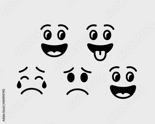 Collection of five expressive cartoon faces silhouette isolated on white background