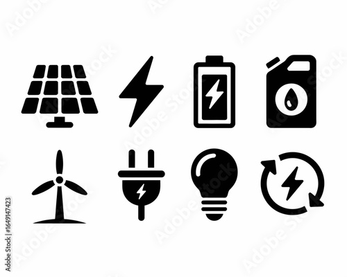 Collection of energy source icons including solar wind battery and fuel silhouette isolated on white background